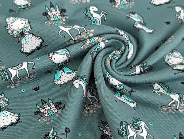 Baumwolljersey Prinzessin Einhorn auf Dark Dusty Mint